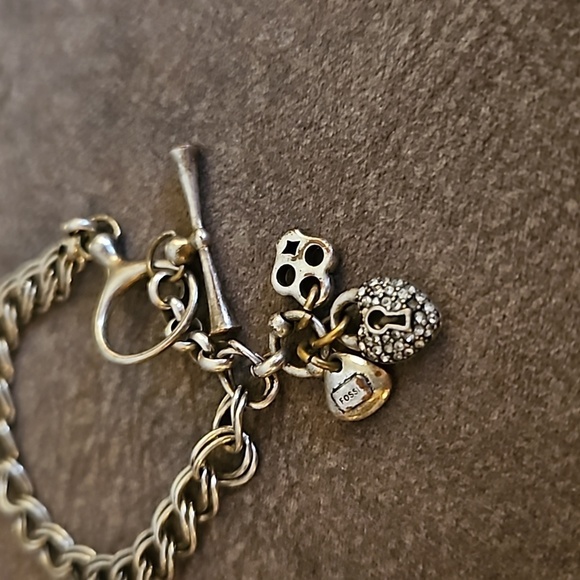 VTG FOSSIL Heart Lock Charm Chain Toggle Tennis Bracelet - Picture 2 of 3